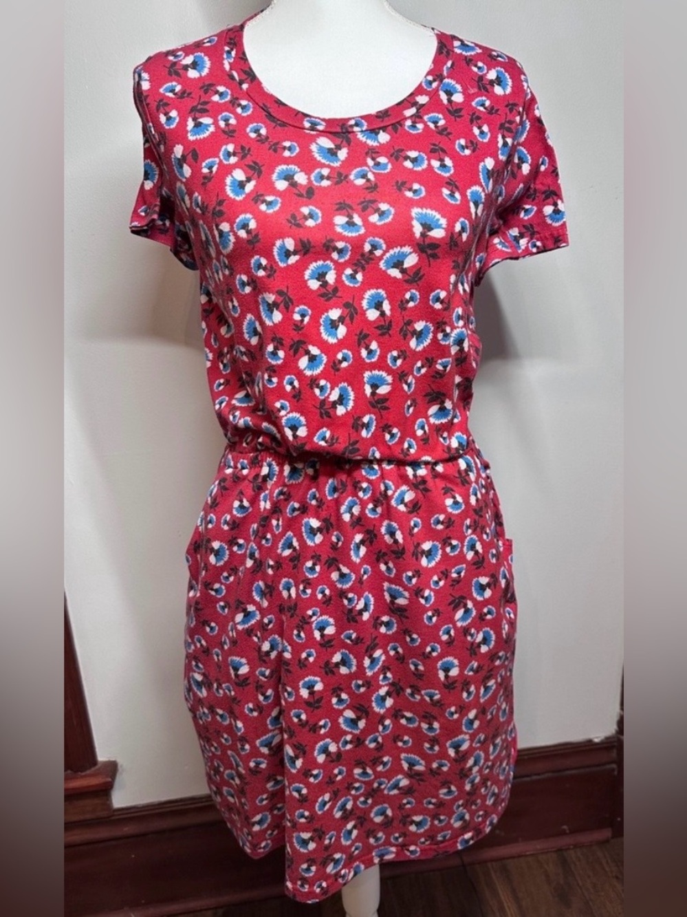 Tickled Teal Red Floral Tee with Blue and White Accents